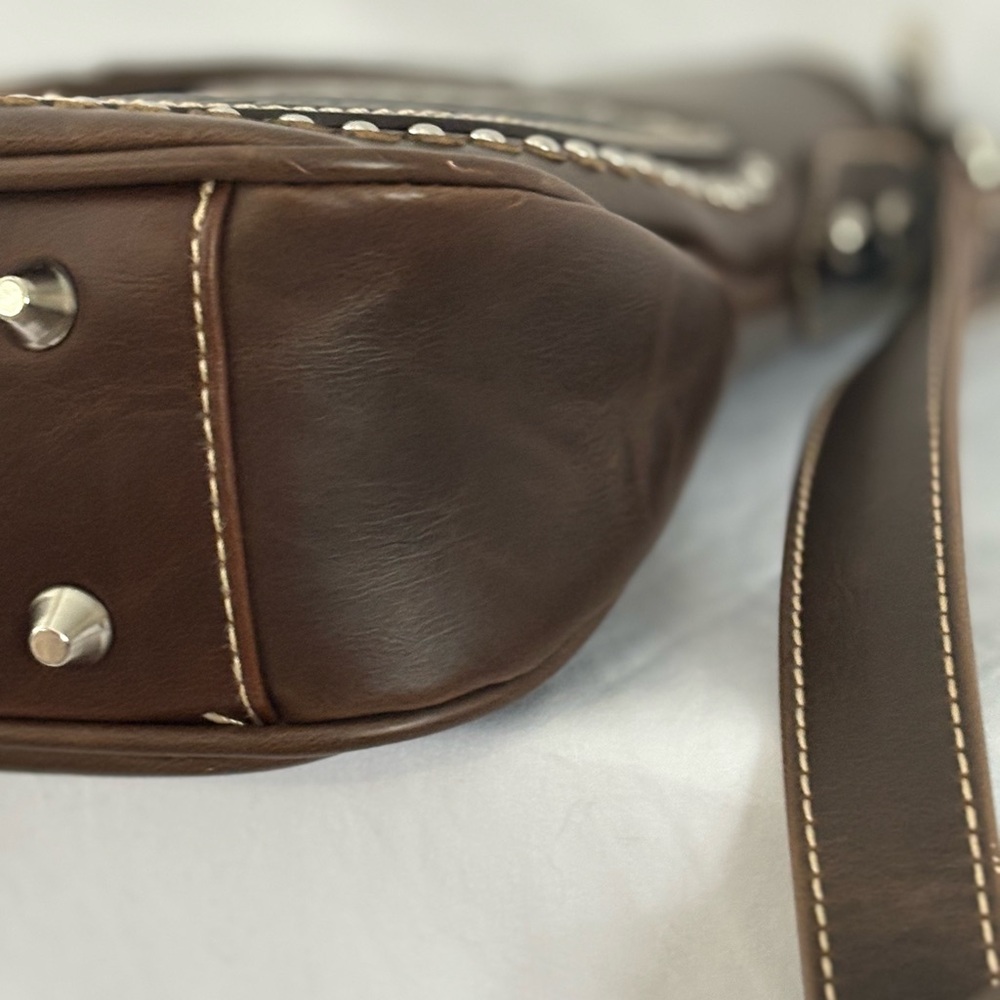 Montana West Western Style Tooled Leather And Studded Crossbody - Picture 10 of 15